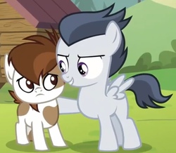 Size: 1297x1132 | Tagged: safe, screencap, pipsqueak, rumble, pegasus, pony, g4, marks and recreation, blank flank, colt, happy, male