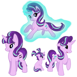 Size: 1024x1024 | Tagged: safe, artist:embea, starlight glimmer, pony, unicorn, g4, equal cutie mark, female, filly, filly starlight glimmer, floating, glowing horn, horn, levitation, magic, multeity, pigtails, quadruple the glimmer, self ponidox, self-levitation, starlight cluster, telekinesis, triple the glimmer, younger