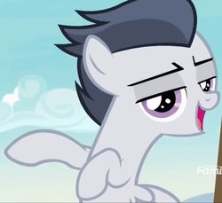 Size: 1354x1242 | Tagged: safe, screencap, rumble, pegasus, pony, g4, marks and recreation, colt, cool, discovery family logo, eyebrows, gangsta, happy, male, open mouth, smug, solo, stupid sexy rumble