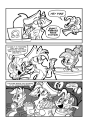 Size: 1985x2806 | Tagged: safe, artist:joeywaggoner, captain celaeno, derpy hooves, juniper montage, lyra heartstrings, pinkie pie, spike, pony, anthro, g4, my little pony: the movie, anthro with ponies, beauty mark, comic, ear piercing, earring, equestria girls ponified, female, hat, internet, jewelry, monochrome, movie, piercing, pirate, pirate hat, ponified, privateer, public service announcement