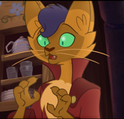 Size: 757x728 | Tagged: safe, screencap, capper dapperpaws, abyssinian, cat, anthro, g4, my little pony: the movie, chest fluff, clothes, coat, glass, male, open mouth, plate, shelf, solo
