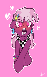 Size: 3013x4848 | Tagged: safe, artist:neoncel, cheerilee, earth pony, pony, g4, 80s, 80s cheerilee, ahegao, braces, drool, ear piercing, earring, eye clipping through hair, eyebrows, eyebrows visible through hair, female, floppy ears, heart, heart eyes, jewelry, mare, open mouth, piercing, pink background, signature, simple background, solo, wingding eyes