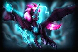 Size: 2785x1855 | Tagged: safe, artist:not-ordinary-pony, tempest shadow, alicorn, pony, g4, my little pony: the movie, alicornified, art, bat wings, female, flying, horn, hybrid wings, mare, race swap, scepter, solo, staff, staff of sacanas, tempest gets her horn back, tempesticorn, xk-class end-of-the-world scenario