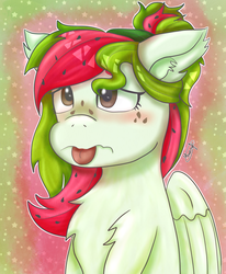 Size: 1650x2000 | Tagged: safe, artist:amaimono, oc, oc only, oc:watermelana, pegasus, pony, bust, female, freckles, portrait, solo, tongue out