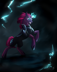 Size: 2000x2500 | Tagged: safe, artist:juliagoldfox, tempest shadow, pony, unicorn, g4, my little pony: the movie, armor, broken horn, digital art, eye scar, female, glowing horn, high res, horn, lightning, mare, rearing, scar, solo, sparking horn