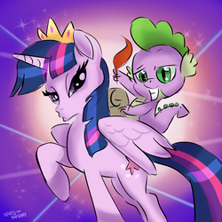 Size: 1200x1200 | Tagged: safe, artist:hardbrony, spike, twilight sparkle, alicorn, dragon, pony, g4, my little pony: the movie, crown, duckface, fabulous, female, jewelry, looking at you, mare, paper, quill, regalia, twilight sparkle (alicorn)