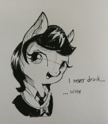 Size: 1385x1583 | Tagged: safe, artist:tjpones, pony, vampire, vampony, black and white, bust, clothes, dialogue, dracula, ear fluff, fangs, grayscale, inktober, monochrome, solo, traditional art
