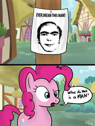 Size: 900x1200 | Tagged: safe, artist:linlaifeng, pinkie pie, earth pony, human, pony, g4, comic, dialogue, ever dream this man, female, mare, ponyville, speech bubble, this man