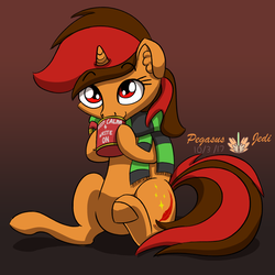 Size: 2000x2000 | Tagged: safe, artist:floofyfoxcomics, oc, oc only, oc:pyre quill, pony, unicorn, coffee mug, female, high res, keep calm and carry on, mare, mug, sitting, solo