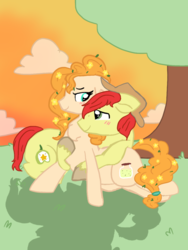Size: 768x1024 | Tagged: safe, artist:nootaz, bright mac, pear butter, g4, the perfect pear, blushing, buttercup, female, male, romance, ship:brightbutter, shipping, straight, sunset, tree