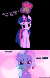 Size: 1050x1616 | Tagged: safe, artist:navitaserussirus, edit, trixie, twilight sparkle, g4, female, flower, holly, holly mistaken for mistletoe, lesbian, ship:twixie, shipping