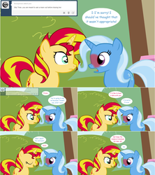 Size: 1284x1444 | Tagged: safe, artist:hakunohamikage, sunset shimmer, trixie, pony, unicorn, ask-princesssparkle, g4, ask, blushing, blushing profusely, comic, eyes closed, female, lesbian, mare, ship:suntrix, shipping, tumblr