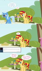 Size: 1280x2168 | Tagged: safe, artist:hakunohamikage, sunset shimmer, trixie, pony, unicorn, ask-princesssparkle, g4, ask, blushing, blushing profusely, cider, comic, eyes closed, female, lesbian, mare, ship:suntrix, shipping, tumblr