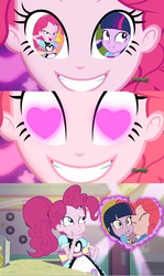 Size: 1280x2152 | Tagged: safe, pinkie pie, twilight sparkle, coinky-dink world, equestria girls, g4, my little pony equestria girls: rainbow rocks, my little pony equestria girls: summertime shorts, exploitable meme, female, heart eyes, lesbian, meme, pinkie's eyes, server pinkie pie, ship:twinkie, shipper pie, shipping, thinking, wingding eyes