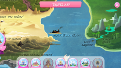 Size: 1280x720 | Tagged: safe, gameloft, g4, my little pony: magic princess, my little pony: the movie, black skull island, bone dry desert, kirin grove, lost lagoon, map, map of equestria, pine needle barrens