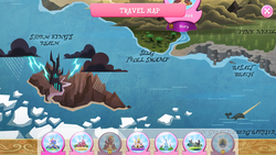 Size: 1280x720 | Tagged: safe, gameloft, g4, my little pony: magic princess, my little pony: the movie, basalt beach, great iceberg barrier, map, map of equestria, pine needle barrens, slug troll swamp, storm king's realm