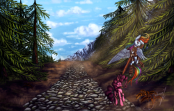 Size: 1200x770 | Tagged: safe, artist:shivannie, pinkie pie, rainbow dash, earth pony, pegasus, pony, g4, clothes, female, flying, mare, mountain, path, scenery, serious, serious face, skyrim, smiling, sword, the elder scrolls, tree, weapon