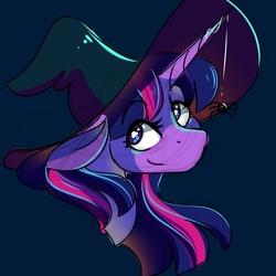 Size: 1280x1280 | Tagged: safe, artist:uunicornicc, twilight sparkle, spider, g4, female, halloween, hat, holiday, mare, smiling, solo, witch hat