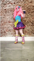 Size: 339x600 | Tagged: safe, pinkie pie, human, equestria girls, g4, my little pony & equestria girls el show en vivo, actress, animated, boyshorts, clothes, cosplay, costume, fall formal outfits, gif, irl, irl human, photo, pink underwear, skirt, skirt lift, upskirt