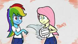 Size: 800x450 | Tagged: safe, artist:ickery, fluttershy, rainbow dash, equestria girls, g4, ball, clothes, gym uniform, hit, ouch, shorts, sports, tank top, volleyball