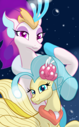 Size: 1200x1920 | Tagged: safe, artist:theroyalprincesses, princess skystar, queen novo, seapony (g4), g4, my little pony: the movie, blue eyes, blue mane, bubble, collar, crown, cute, digital art, eyelashes, eyeshadow, female, fin wings, fins, flower, flower in hair, glowing, jewelry, lidded eyes, like mother like daughter, like parent like child, looking at you, makeup, mother and daughter, necklace, ocean, pearl necklace, purple eyes, regalia, seaquestria, signature, smiling, smiling at you, smirk, swimming, underwater, water, wings