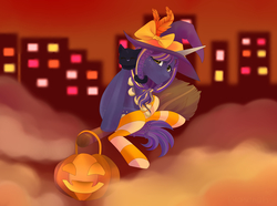 Size: 4000x2969 | Tagged: safe, artist:ijustmari, oc, oc only, cat, pony, unicorn, black cat, broom, clothes, commission, female, flying, flying broomstick, halloween, hat, holiday, jack-o-lantern, pumpkin, socks, solo, stockings, striped socks, thigh highs, witch, witch hat, ych result