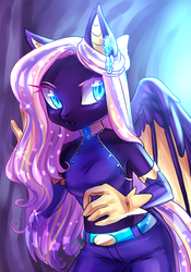 Size: 1400x2000 | Tagged: safe, artist:di-dash, oc, oc only, pegasus, anthro, belt, choker, clothes, commission, ear piercing, earring, fangs, female, gloves, jeans, jewelry, looking at you, mare, pants, piercing, solo, ych result