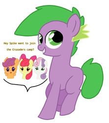 Size: 1251x1410 | Tagged: safe, artist:dsfranch, apple bloom, scootaloo, spike, sweetie belle, pony, g4, chibi, cutie mark crusaders, dialogue, female, implied shipping, implied spikebloom, male, ponified, ponified spike, ship:spikebloom, shipping, simple background, species swap, straight, white background