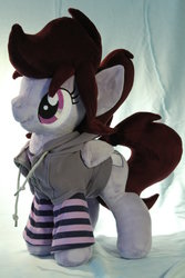 Size: 1024x1536 | Tagged: safe, artist:top plush, oc, oc only, oc:pillow case, pegasus, pony, clothes, female, hoodie, irl, photo, plushie, ponies in earth, ponytail, socks, striped socks