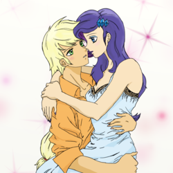 Size: 1000x1000 | Tagged: safe, artist:eulicious, applejack, rarity, human, g4, blushing, clothes, dress, embrace, female, fingernails, hug, humanized, lesbian, looking at each other, nail polish, passionate, ship:rarijack, shipping, simple background, sitting on lap, sparkles