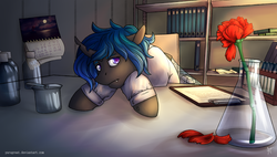 Size: 1280x725 | Tagged: safe, artist:yarugreat, oc, oc only, changeling, calendar, changeling oc, clipboard, commission, desk, flower, male, sad, solo, ych result