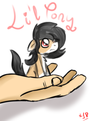 Size: 1048x1412 | Tagged: safe, artist:euspuche, oc, oc only, oc:liliya krasnyy, earth pony, human, pony, comic:li'l pony, comic, female, hand, in goliath's palm, looking up, micro, simple background, size difference, white background
