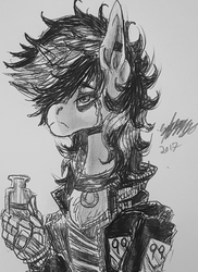 Size: 2622x3601 | Tagged: safe, artist:brainiac, oc, oc only, oc:blackjack, cyborg, pony, unicorn, fallout equestria, alcohol, art, black and white, chest fluff, clothes, collar, compact horn, crying, female, grayscale, hand, high res, horn, inktober, inktober 2017, mare, monochrome, patch, robot legs, robot limbs, screws, shirt, solo, text, traditional art, whiskey