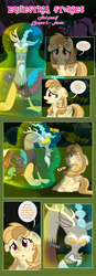 Size: 1919x5500 | Tagged: safe, artist:estories, discord, oc, oc:alice goldenfeather, draconequus, pegasus, pony, comic:find yourself, g4, comic, female, glowing, glowing eyes, magic, mare