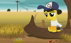 Size: 11603x7000 | Tagged: safe, artist:xenoneal, earth pony, pony, absurd resolution, cap, clementine (walking dead), clothes, crossover, dress, female, filly, foal, gun, handgun, hat, hooves, log, ponified, revolver, rock, sad, shirt, sitting, solo, spoilers for another series, the walking dead, tree, vector, weapon