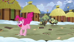 Size: 1280x720 | Tagged: safe, screencap, pinkie pie, yvette, earth pony, pony, yak, g4, not asking for trouble, faic, female, mare, open mouth, stomping, twig, unnamed character, unnamed yak, yickslubertfest
