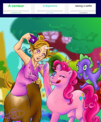 Size: 2952x3543 | Tagged: safe, artist:cleopatradinekomata, pinkie pie, spike, oc, centaur, dragon, g4, armpits, cellphone, fanart mashup challenge, high res, one eye closed, phone, ponyville, selfie, tongue out