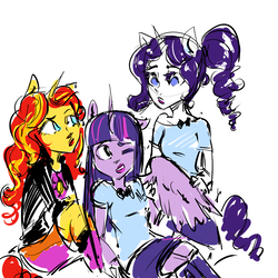 Size: 1000x1000 | Tagged: safe, artist:puffpink, rarity, sunset shimmer, twilight sparkle, equestria girls, g4, alternate hairstyle, female, horn, horned humanization, jealous, lesbian, one eye closed, ponied up, ponytail, ship:rarilight, ship:sunsetsparkle, shipping, sitting, twilight sparkle (alicorn)
