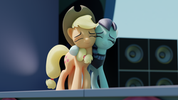 Size: 3840x2160 | Tagged: safe, alternate version, artist:therealdjthed, applejack, coloratura, earth pony, pony, g4, the mane attraction, 3d, 3d model, apple stage, blender, blender cycles, cute, cycles render, duo, female, high res, hug, mare, model:djthed, rara