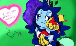 Size: 1600x960 | Tagged: safe, artist:dashingjack, princess luna, oc, oc:brainstorm, oc:frenzy, pony, g4, baby, baby pony, clothes, costume, crossdressing, doll, toy