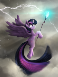 Size: 1688x2250 | Tagged: safe, artist:blackligerth, twilight sparkle, alicorn, pony, g4, my little pony: the movie, cloud, female, lightning, mare, solo, staff, staff of sacanas, storm, twilight sparkle (alicorn)