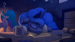Size: 1200x675 | Tagged: safe, artist:rodrigues404, princess celestia, princess luna, alicorn, pony, g4, cute, drool, duo, eyes closed, female, lunabetes, majestic as fuck, mare, mug, question mark, royal sisters, siblings, sisters, sleeping, table