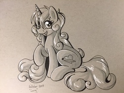 Size: 1280x960 | Tagged: safe, artist:sugaryviolet, oc, oc only, oc:sugary violet, pony, unicorn, female, inktober, mare, monochrome, smiling, solo, traditional art