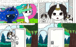 Size: 3280x2051 | Tagged: safe, artist:eternaljonathan, princess celestia, princess luna, oc, oc:nemo, pony, comic:a new twist, g4, clone, comic, door, forest, guardian, high res, horn, horn ring, royal sisters, science fiction, traditional art