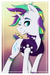 Size: 4550x6825 | Tagged: safe, artist:lula-moonarts, rarity, pony, unicorn, g4, it isn't the mane thing about you, absurd resolution, alternate hairstyle, clothes, female, mare, one eye closed, punk, raripunk, solo, wink