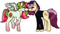 Size: 1024x587 | Tagged: safe, artist:kikky-pl, oc, oc only, oc:lannie lona, oc:watermelana, pony, beatnik, beret, boop, clothes, freckles, glasses, gradient hooves, grin, hat, noseboop, raised hoof, simple background, smiling, sweater, transparent background, turtleneck