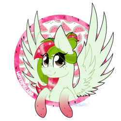 Size: 1386x1386 | Tagged: safe, artist:mysticswirl4, oc, oc only, oc:watermelana, pony, food, freckles, gradient hooves, looking at you, simple background, solo, spread wings, transparent background, watermelon, wings