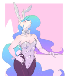 Size: 1347x1500 | Tagged: safe, artist:voyager, princess celestia, alicorn, anthro, g4, bowtie, breasts, bunny ears, bunny suit, bunnylestia, cleavage, clothes, cufflinks, cuffs (clothes), female, leotard, mare, pantyhose, playboy bunny, simple background, solo