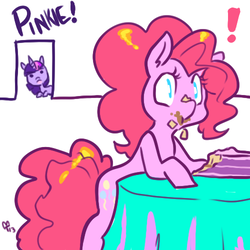 Size: 500x500 | Tagged: safe, artist:mt, pinkie pie, twilight sparkle, g4, cake, eating, food, surprised