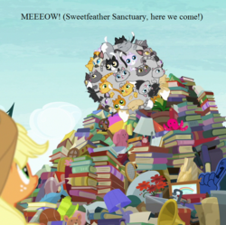 Size: 722x720 | Tagged: safe, edit, edited screencap, editor:korora, screencap, applejack, cat, g4, the perfect pear, avalanche, book, cat ball, cropped, sweet feather sanctuary, text